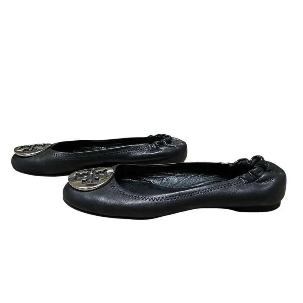 Tory Burch Reva Ballet Flats Women’s 6.5‎ Travel Black Leather Silver Medallion